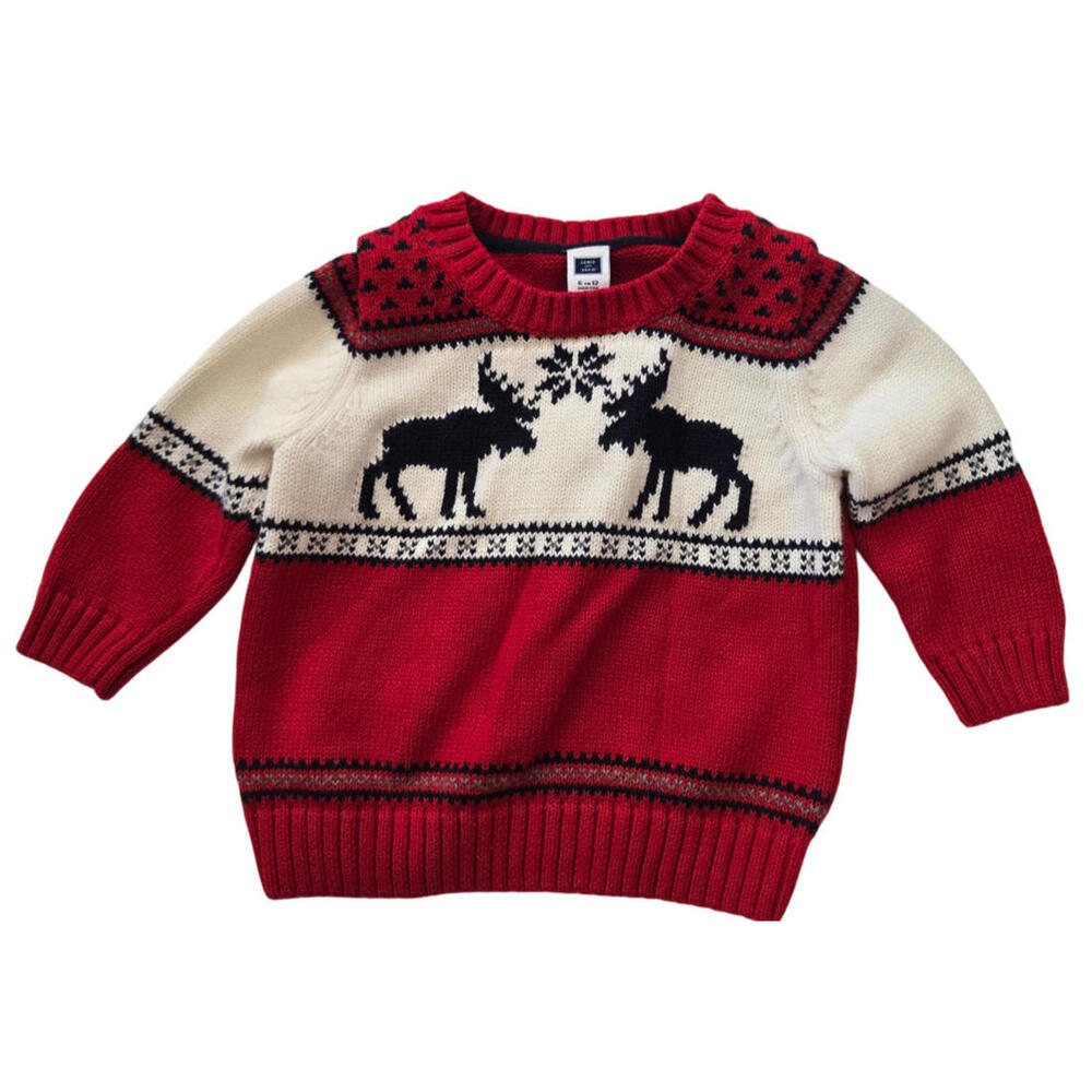 Janie & Jack Sweater Red Navy White Size 6 - 12 Month Crew Neck Holiday Deer EUC